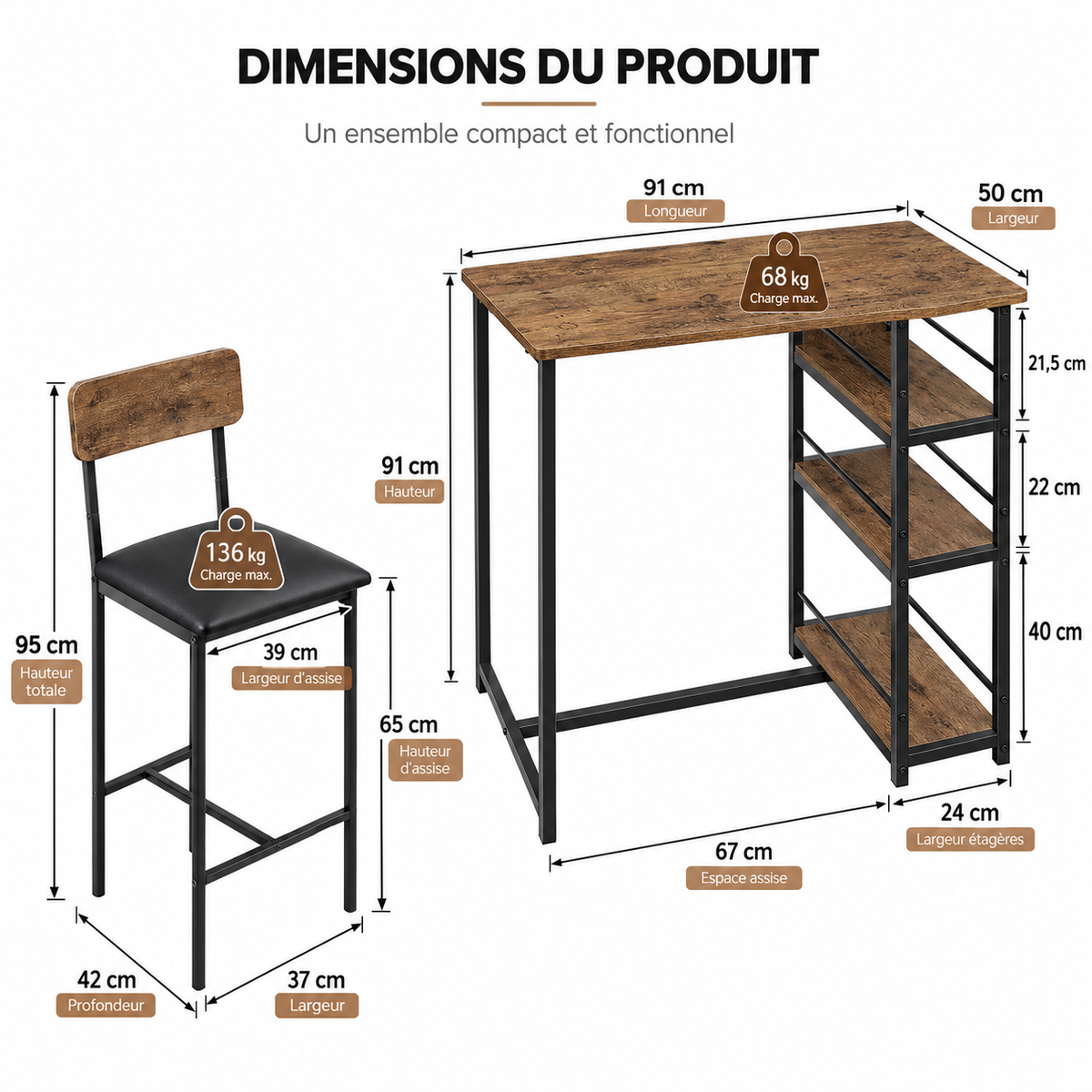 Table de Bar BISTRO – Rangement Intégré & 2 Chaises