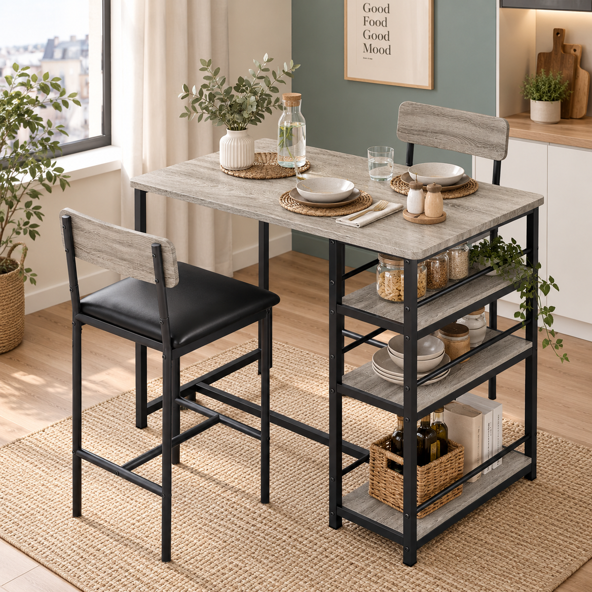Table de Bar BISTRO – Rangement Intégré & 2 Chaises