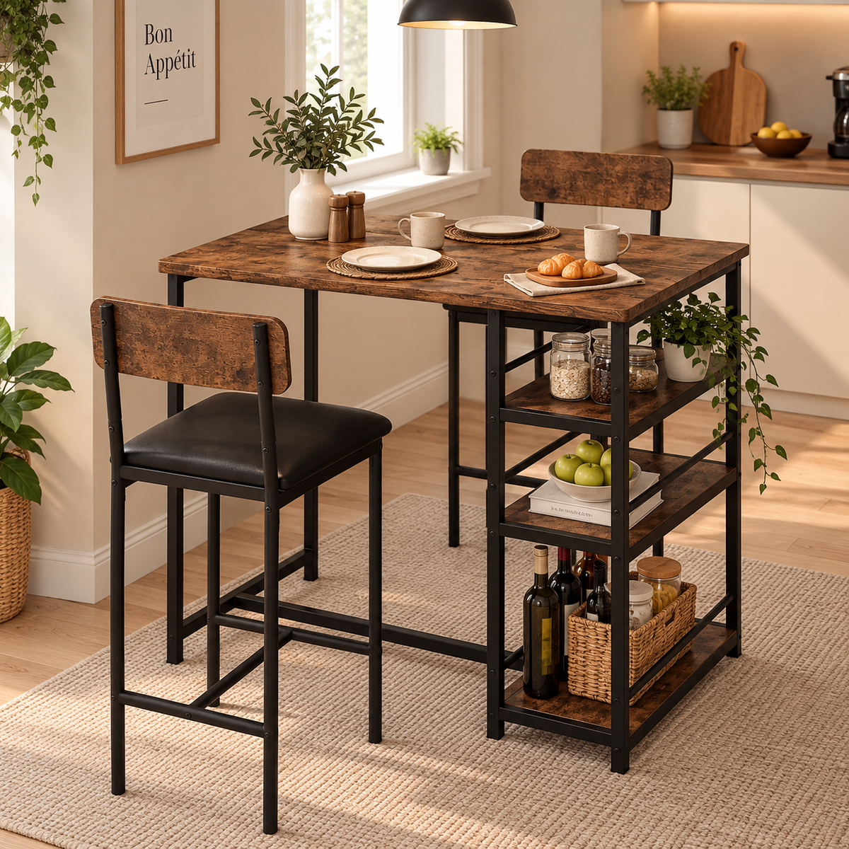 Table de Bar BISTRO – Rangement Intégré & 2 Chaises