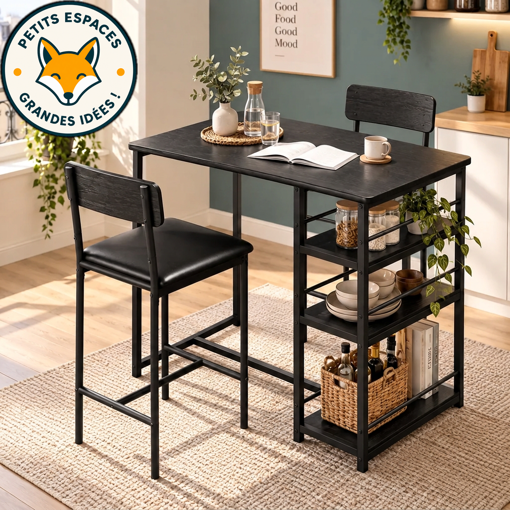 Table de Bar BISTRO – Rangement Intégré & 2 Chaises