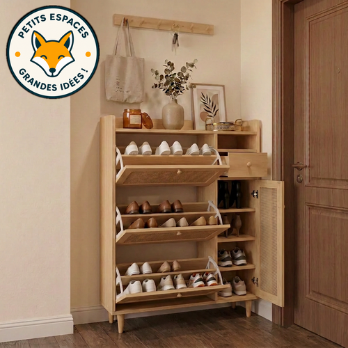 Meuble à chaussures SLIMY – Bois & cannage